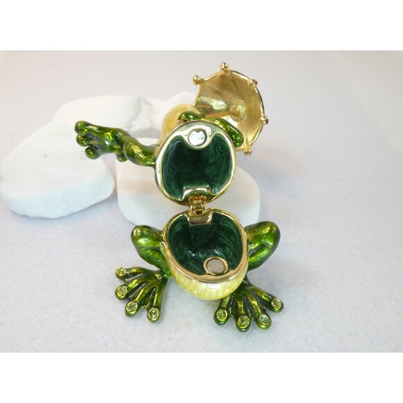 Two Pewter Enamel Rhinestone Frog Trinket Treasure Boxes Umbrella Monet Gift - Picture 7 of 7